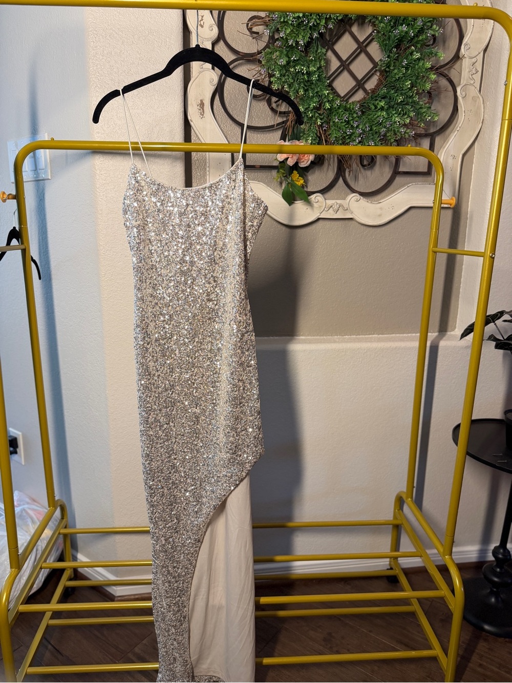 Silver Sequin Asymmetrical Slip Dress